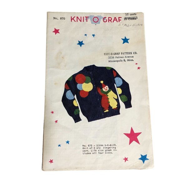 Vintage Knit O Graf Pattern Boys Girls Cardigan Clowns 870 Sweater Size 4 6 8 10 - Picture 2 of 5